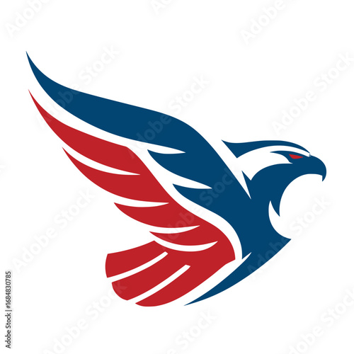 Patriotic Eagle Logo in Red and Blue, Stylized flying eagle logo in bold red and blue colors, symbolizing strength, freedom, and patriotism on a clean white background.


