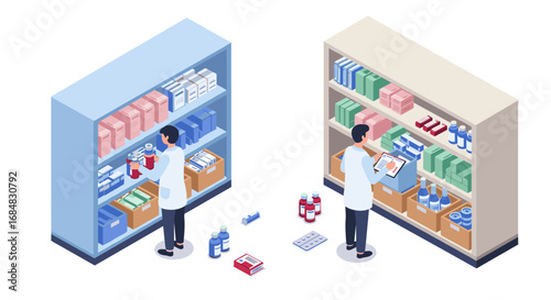 Isometric pharmacy scene with pharmacists organizing medication shelves