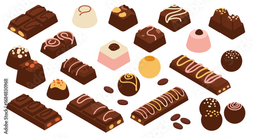 Assorted chocolate confections in elegant isometric design