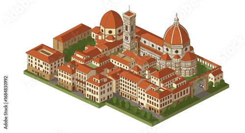Isometric view of historic italian architecture with red roofs and dome
