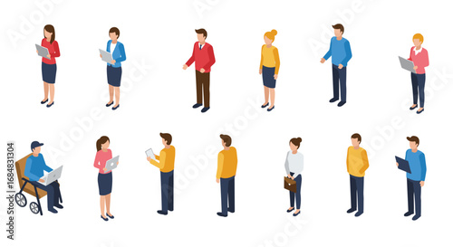 Diverse set of isometric business people engaged in various activities