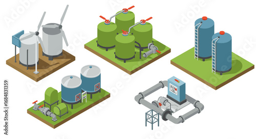 Isometric industrial tanks and equipment set for energy and water systems