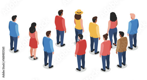Diverse crowd of people in isometric style wearing casual and business attire