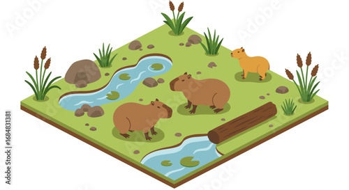 Isometric capybara habitat with stream rocks and plants