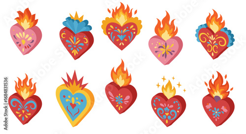 Colorful sacred heart designs with flames and floral patterns
