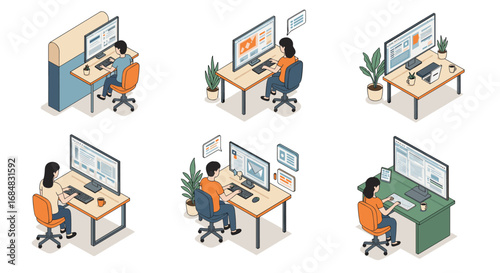 Isometric office scenes with people at workstations and computers