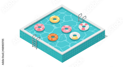 Colorful pool floats in isometric pool with ladders