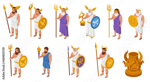 Mythical greek gods and warriors in isometric style