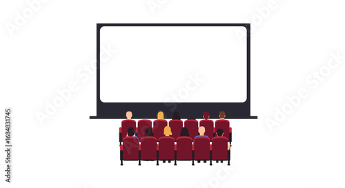 Cinema audience watching movie on big screen in minimalist setting