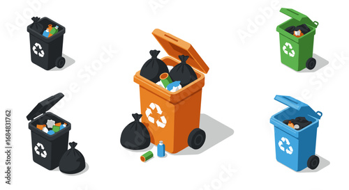 Colorful isometric recycling bins with garbage bags and waste items on white background