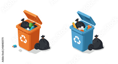 Isometric recycling bins with trash bags on white background