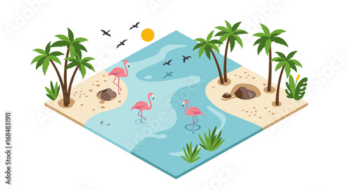Isometric tropical beach with flamingos and palms in sunlit paradise