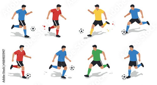 Diverse soccer players dribbling ball in dynamic isometric action poses