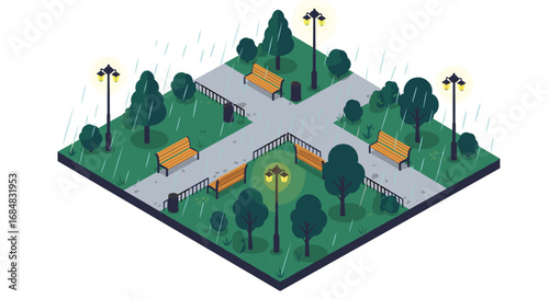 Isometric rainy park at night with benches and lanterns