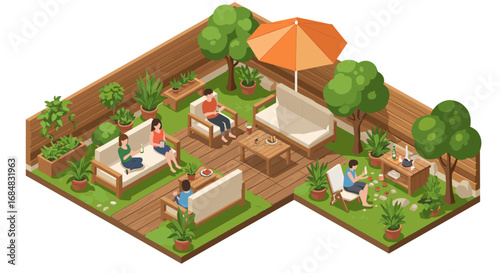 Isometric garden retreat with people relaxing and enjoying outdoor leisure activities