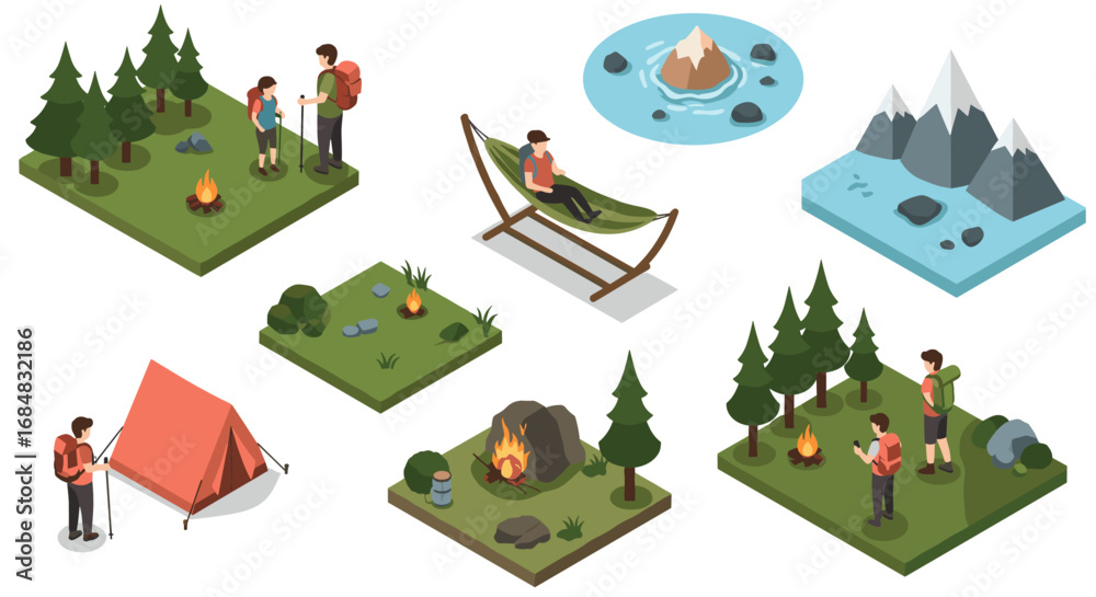 Isometric camping adventure with tents, hiking, and campfire activities Isometric camping adventure with tents, hiking, and campfire activities