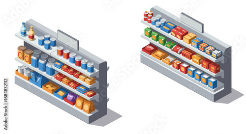 Isometric supermarket shelves with assorted food and beverage products