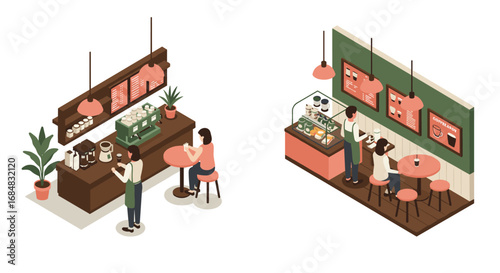 Cozy coffee shop scene with barista and patrons in isometric style