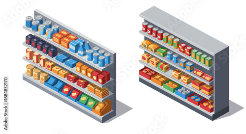 Isometric supermarket shelves with various packaged products