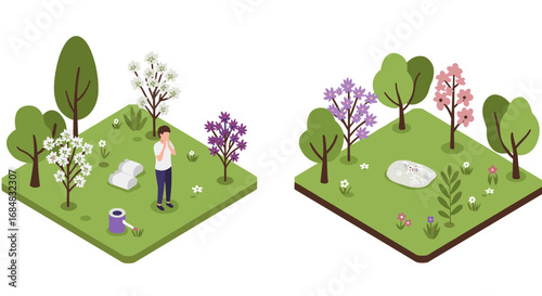 Isometric spring garden with blossom trees and peaceful landscapes
