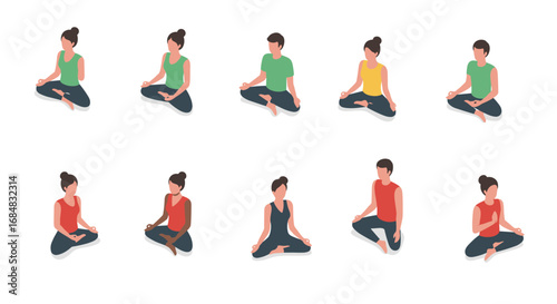 Diverse people meditating in various poses on a clean white background