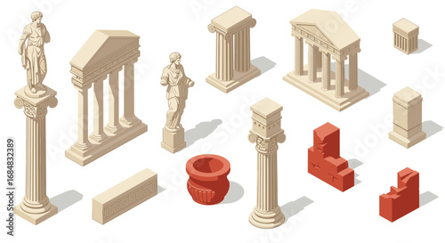 Isometric ancient greek architecture elements and classical columns