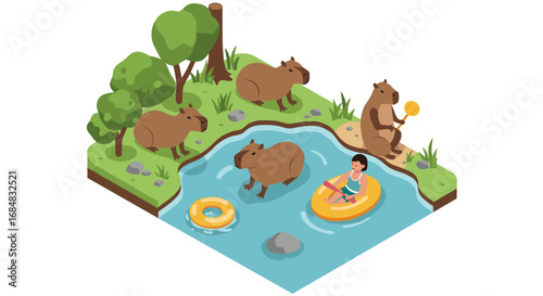 Isometric capybara habitat with kayaking adventure in a natural setting