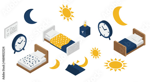 Isometric bedtime routine elements with clocks, beds, sun, and moon icons