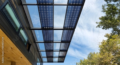 Worm’s-Eye View of Modern Sustainable Building with Solar Glass Roof