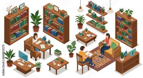 Cozy library scene with people reading in isometric furniture and decor