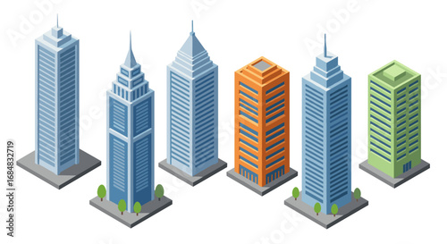 Modern isometric cityscape with high-rise buildings in various styles