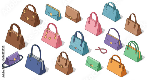 Elegant collection of colorful bags in isometric style