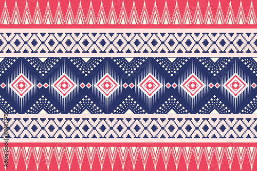 A seamless geometric pattern featuring bold red, navy blue, and white tones arranged in a symmetrical design. The artwork combines diamond shapes, triangles, and linear details that create a strong 