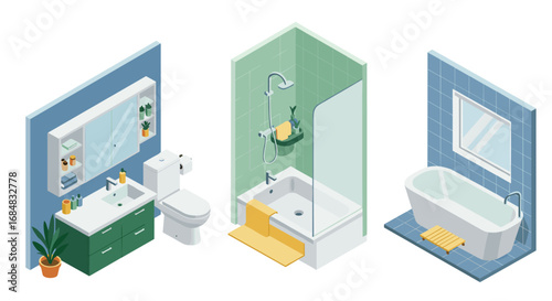 Modern isometric bathroom design with shower, tub, and vanity
