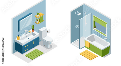 Modern isometric bathroom design with shower and sink area
