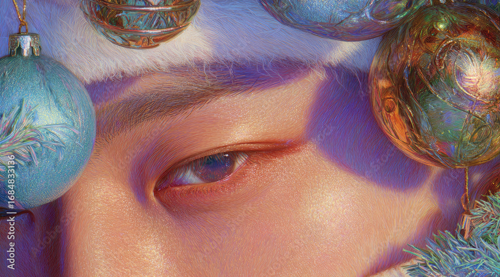 Naklejka premium Close up of human eye with festive makeup, surrounded by pastel blue and gold Christmas ornaments, soft lighting, holiday atmosphere, artistic and dreamy mood