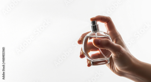 A person's hand gracefully applying a fine mist of elegant fragrance from a classic glass bottle, symbolizing freshness, personal care, and a delightful aroma in a clean studio setting