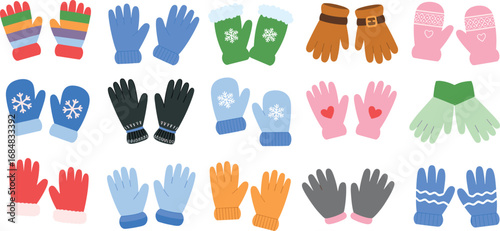 Winter gloves and mittens vector illustration, colorful handwear collection, warm knitted gloves, leather mittens, seasonal fashion accessories, cozy cold weather clothing design