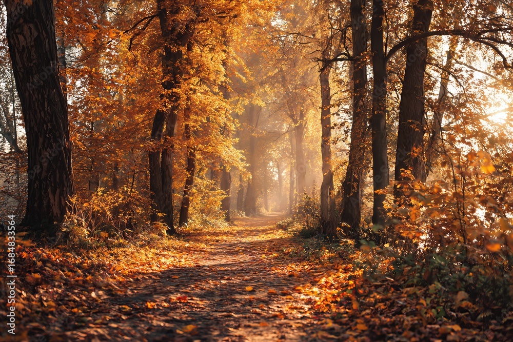 Fototapeta premium Sunlight shining through forest path in autumn wallpaper