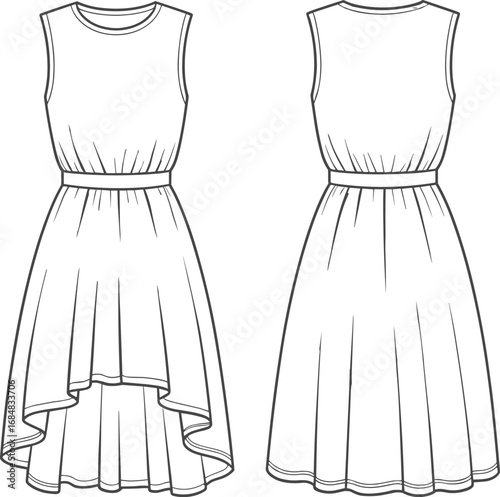 Sleeveless asymmetrical dress fashion flat sketch, front and back technical drawing vector, casual women’s outfit design template for sewing, clothing pattern illustration.