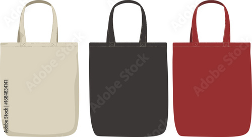 Set of canvas tote bag vector illustration, eco friendly shopping bag, blank fabric reusable tote design, sustainable grocery bag, minimalist fashion accessory