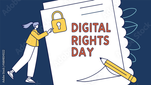 Modern illustration of a woman securing digital rights, celebrating Digital Rights Day with a padlock icon on a document, minimalist style, positive and informative mood.