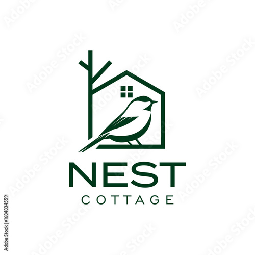 Modern cottage logo with bird and house shape. Elegant vector design for nature retreat, vacation rental, hospitality, and eco-friendly branding.