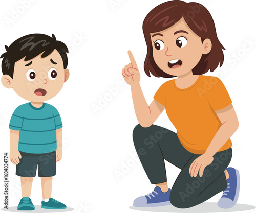 Mother scolding child, cartoon illustration of parent disciplining son, vector concept of parenting, teaching, childhood behavior, family relationship, communication, emotional expressions