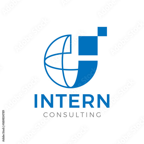 Modern geometric consulting logo with globe and letter I. Professional vector design for global business, corporate, and trade branding