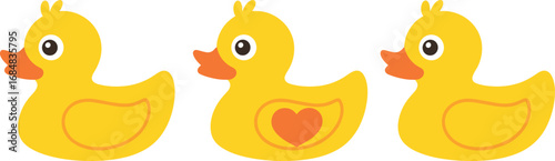 Cute yellow rubber ducks illustration with orange beaks, cartoon duck toy design for kids, nursery, bath time, love, heart decoration, vector art