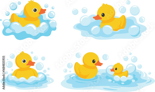 Cute yellow rubber duck cartoon swimming in water with soap bubbles, bath time toy vector illustration for children hygiene, play, fun themes