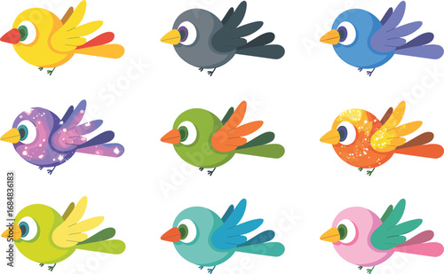 Cute colorful cartoon birds collection, flying bird vector illustration set, decorative animal design, fantasy feathers, funny wildlife drawing for kids and education