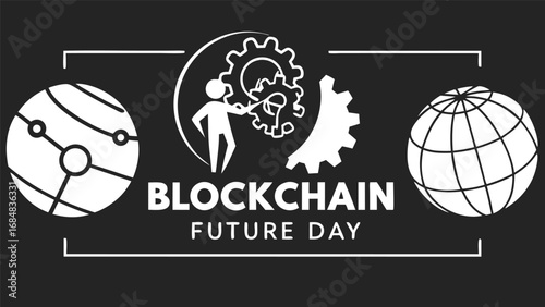 Global Blockchain Technology:  A stylized graphic depicting a person interacting with interconnected gears and globes, symbolizing innovation, networking, and the future of decentralized systems.