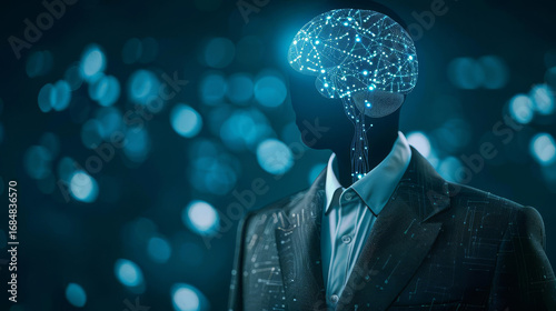 A humanoid figure in a suit with a glowing, networked digital brain, symbolizing artificial intelligence and future technology.